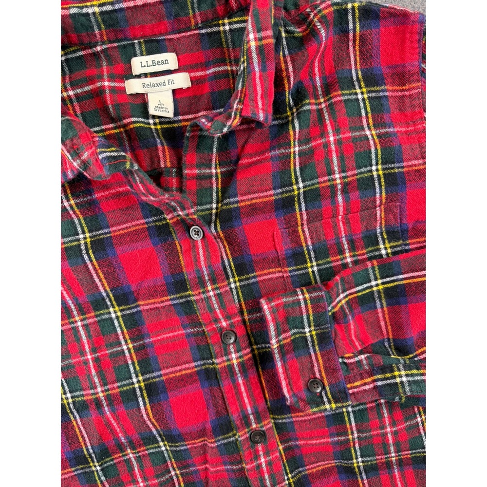 LL Bean Flannel Shirt Womens L Pet Red Plaid Relaxed Fit Cotton Button Up Heavy‎